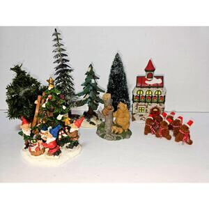 Lot Of 13 PC Christmas Village Accessories Buildings People Bears